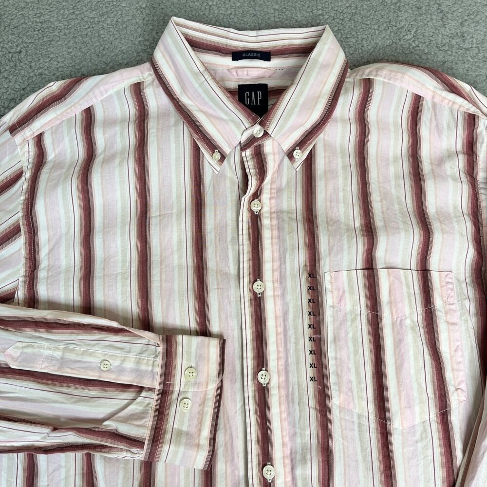 Gap Button Up Shirt Mens XL Striped Pink & Red Classic Cotton Long Sleeve Preppy
